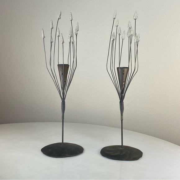 Hand Forged Iron Taper Candle Holders with Glass Elements Modern Scandi Style - Picture 5 of 15